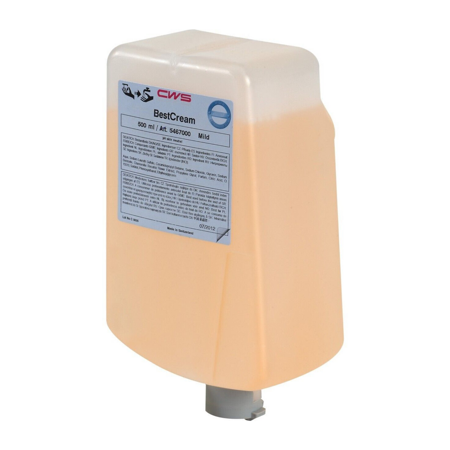 Η κρέμα σαπουνιού CWS BestCream Mild παρέχεται σε συσκευασία αναπλήρωσης 500 ml για εύκολη αναπλήρωση, με πρακτικό στόμιο δοσολογίας στο κάτω μέρος και μια καθαρή ετικέτα για οδηγίες και λεπτομέρειες προϊόντος.