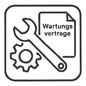 Εικονίδιο σε ασπρόμαυρο με γαλλικό κλειδί και γρανάζι μπροστά από ένα έγγραφο "Συμβόλαια Συντήρησης", το οποίο αφορά το συμβόλαιο πλήρους συντήρησης TASKI Ultimaxx 900 Full Service Li-Ion από την Diversey Deutschland GmbH & Co. OHG, συμπεριλαμβανομένων επισκευών, ανταλλακτικών και μπαταριών Li-Ion· στρογγυλεμένο τετράγωνο περίγραμμα.