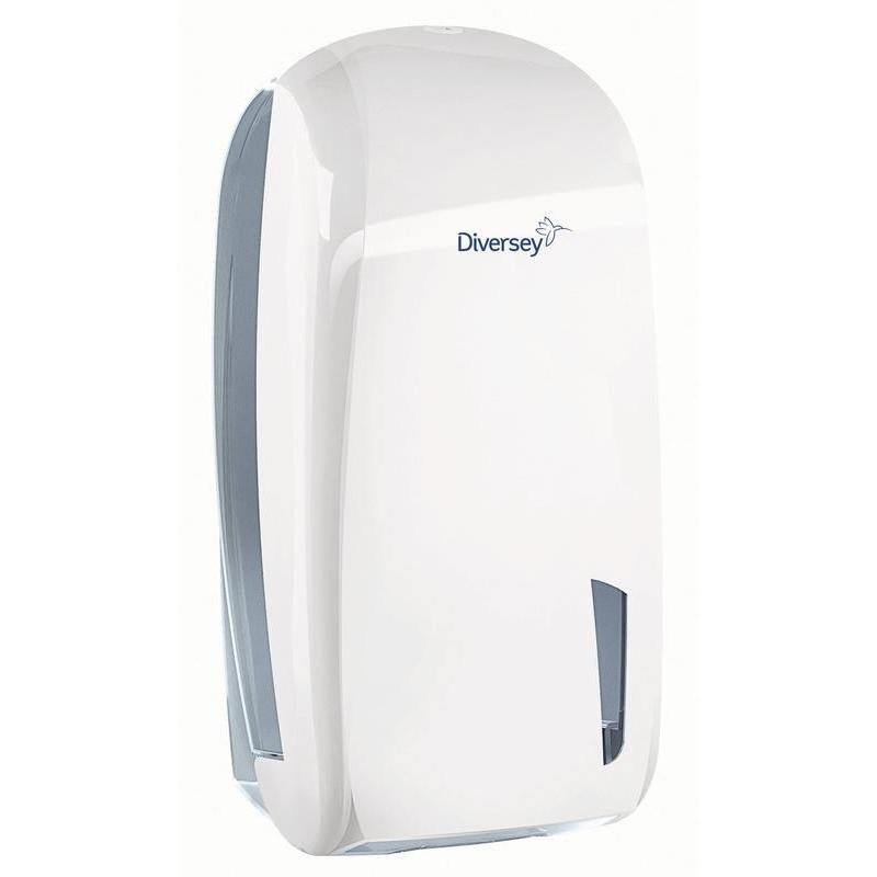 Η θήκη για χαρτί υγείας μονής φύλλου Diversey από λευκό/διαφανές πλαστικό (328 x 165 x 135 mm) για μονά φύλλα διαθέτει παράθυρο προβολής και εξασφαλίζει υγιεινή για χαρτί υγείας σε δημόσιους χώρους υγιεινής. Ταιριάζει με το χαρτί 7523655.