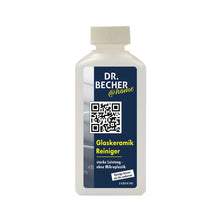 Eine 250 ml Flasche DR.BECHER @home CERAN Kochfeld Glaskeramik Reiniger der Dr. Becher GmbH, mit blauem Etikett und QR-Code. Der Reiniger ist stark, effektiv und mikroplastikfrei für CERAN-Kochfelder.