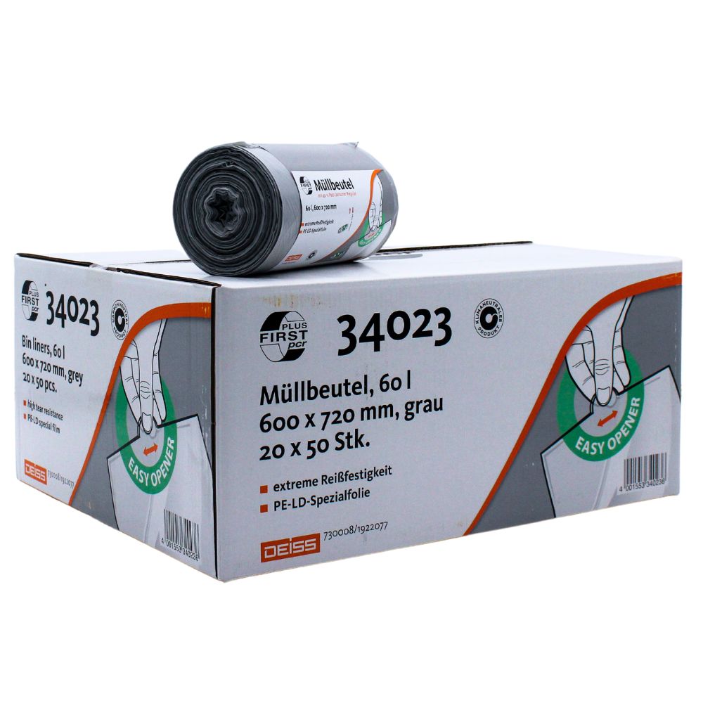 Οι σακούλες απορριμμάτων DEISS First Plus Pcr 60 λίτρων (34042) της EMIL DEISS KG (GmbH + Co.) είναι γκρι ρολά LDPE με χωρητικότητα 60 λίτρων και διαστάσεις 600 x 720 mm. Κάθε κουτί περιέχει 20 πακέτα με 50 σακούλες το καθένα. Η κλιματικά ουδέτερη συσκευασία διαθέτει σχεδιασμό «Easy Opener» και χαρακτηρίζεται από εξαιρετική αντοχή στο σκίσιμο.