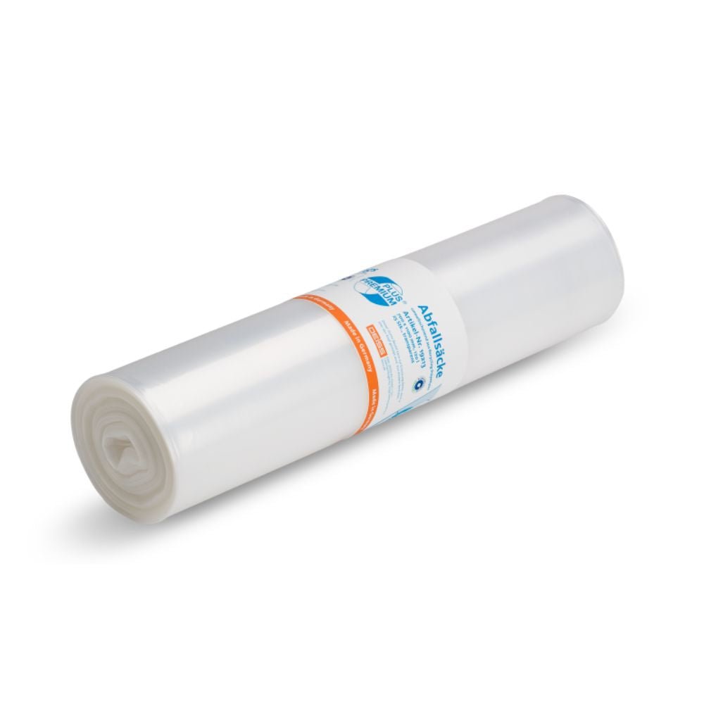 Ένας κυλινδρικός ρολός DEISS Premium Plus® 120 Liter σακούλες απορριμμάτων της EMIL DEISS KG (GmbH + Co.) εκτίθεται, κάθε μία με μια λευκή ετικέτα με μπλε και πορτοκαλί κείμενο. Οι κλιματικά ουδέτερες, ημιδιαφανείς σακούλες βρίσκονται σε ένα απλό λευκό φόντο και τονίζουν το φιλικό προς το περιβάλλον ανακυκλωμένο υλικό τους.