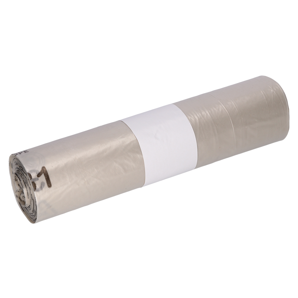 Ένα τυλιγμένο σετ διαφανών σακουλών απορριμμάτων DEISS 29720 από την EMIL DEISS KG (GmbH + Co.), τυλιγμένο με μια λευκή ζώνη, ιδανικό για την αποτελεσματική διαχείριση απορριμμάτων.