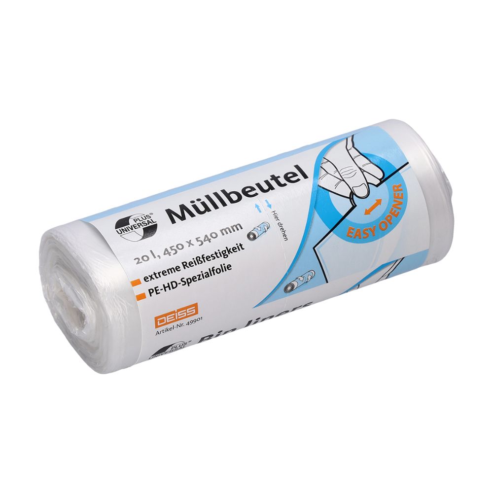 Απεικονίζεται ένας ρόλος ανθεκτικών σακουλών απορριμμάτων με την επιγραφή «DEISS Universal Plus® Σακούλες απορριμμάτων 20 λίτρων, 49901». Η συσκευασία έχει διαστάσεις 20 λίτρων, 450 x 540 mm, και είναι εφοδιασμένη με εικόνα μιας λειτουργίας «Easy-Opener». Κατασκευασμένο από ειδική μεμβράνη HDPE, το εμπορικό όνομα είναι EMIL DEISS KG (GmbH + Co.).