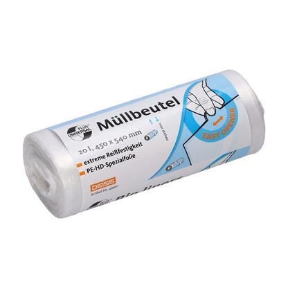 Απεικονίζεται ένας ρόλος ανθεκτικών σακουλών απορριμμάτων με την επιγραφή «DEISS Universal Plus® Σακούλες απορριμμάτων 20 λίτρων, 49901». Η συσκευασία έχει διαστάσεις 20 λίτρων, 450 x 540 mm, και είναι εφοδιασμένη με εικόνα μιας λειτουργίας «Easy-Opener». Κατασκευασμένο από ειδική μεμβράνη HDPE, το εμπορικό όνομα είναι EMIL DEISS KG (GmbH + Co.).