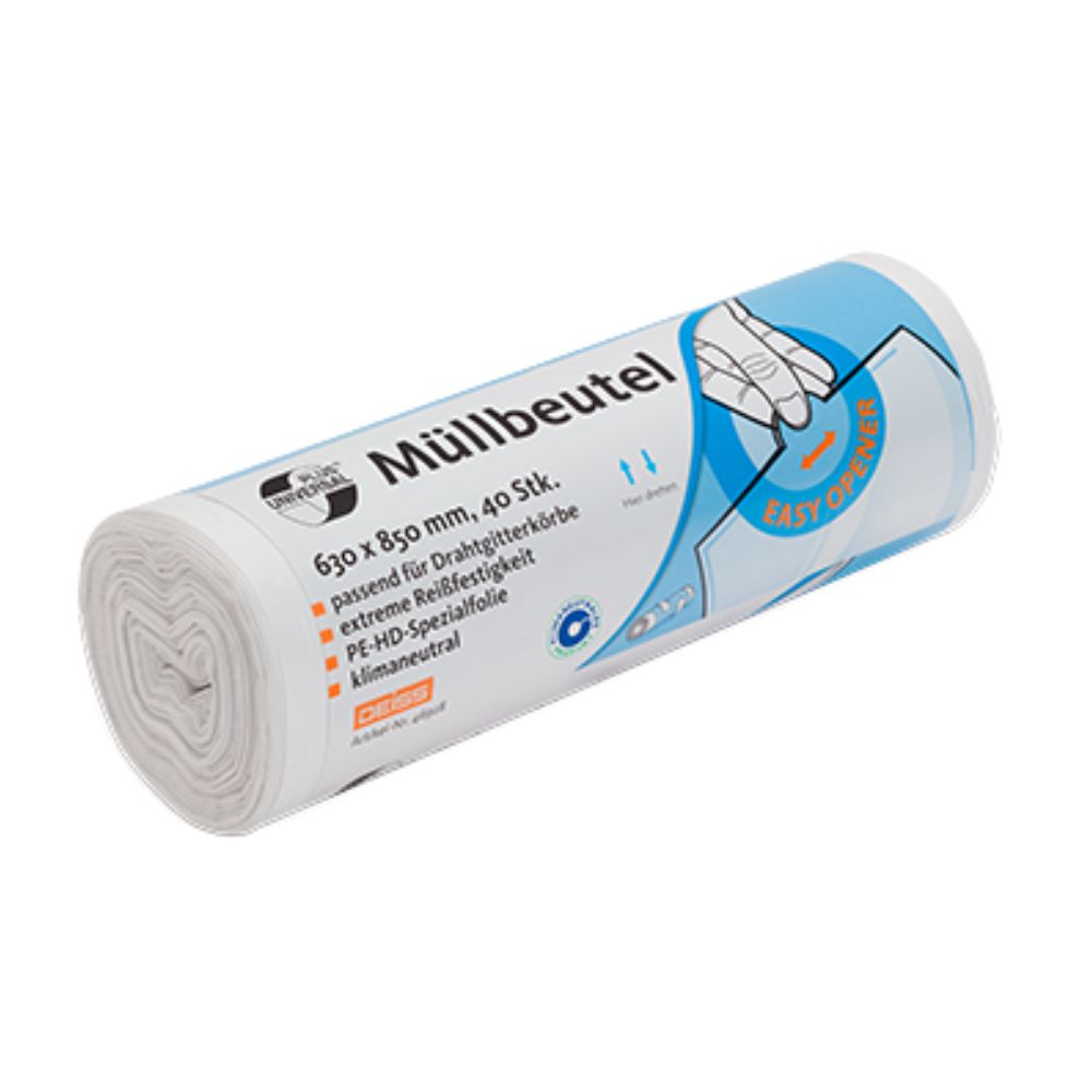 Η σακούλα απορριμμάτων DEISS Universal Plus® 80 λίτρων, 46928 από την EMIL DEISS KG (GmbH + Co.) είναι ένας ρολός με ανθεκτικές σακούλες απορριμμάτων με την επιγραφή «σακούλα απορριμμάτων», με διαστάσεις 630 x 850 mm και ποσότητα 40 τεμαχίων ανά ρολό. Η συσκευασία περιέχει μια εικόνα που αναδεικνύει το σχέδιο Easy-Opener και παρέχει πληροφορίες για το υλικό για ευκολία χρήσης.