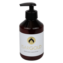 Ένα καφέ πλαστικό μπουκάλι με αντλία με την επιγραφή "Dr. Schnell ISARGOLD κρέμα χεριών με πολύτιμες ουσίες, για εντατική περιποίηση δέρματος" (250 ml) της DR.SCHNELL GmbH & Co. KGaA βρίσκεται μπροστά από ένα απλό λευκό φόντο.