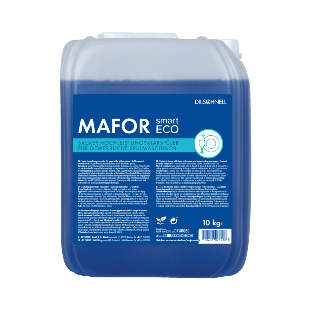 Ένα δοχείο 10 κιλών Dr. Schnell MAFOR smart ECO της DR.SCHNELL GmbH & Co. KGaA, ένα μπλε, όξινο, φιλικό προς το περιβάλλον υγρό ξεβγάλματος για επαγγελματικά πλυντήρια πιάτων, με πληροφορίες προϊόντος και οδηγίες σε μπλε ετικέτα.