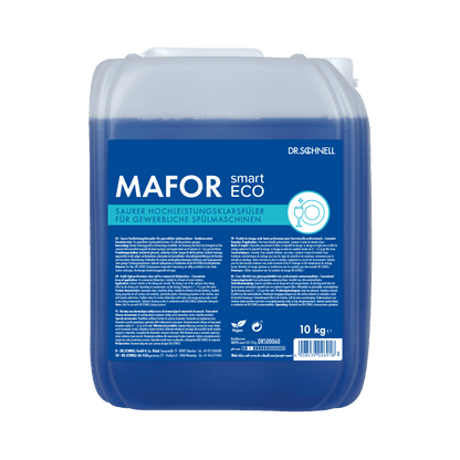 Ένα δοχείο 10 κιλών Dr. Schnell MAFOR smart ECO της DR.SCHNELL GmbH & Co. KGaA, ένα μπλε, όξινο, φιλικό προς το περιβάλλον υγρό ξεβγάλματος για επαγγελματικά πλυντήρια πιάτων, με πληροφορίες προϊόντος και οδηγίες σε μπλε ετικέτα.