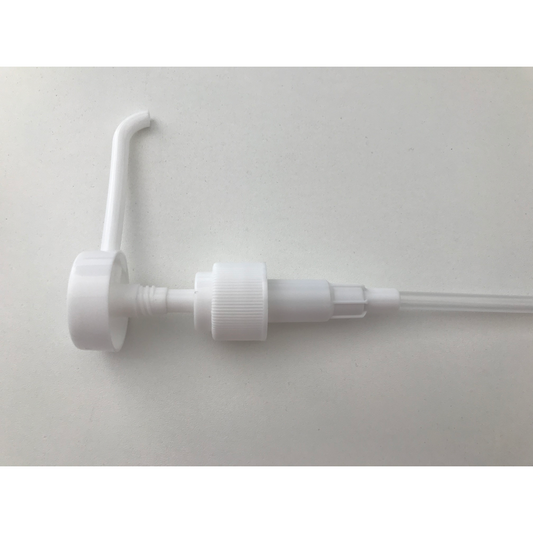 Der Dr. Schnell Dispenser der DR.SCHNELL GmbH & Co. KGaA ist ein weißer Dosierhilfen-Spender aus Kunststoff mit langem Schlauch, geripptem Kragen und gebogener Düse, ideal zum Dosieren von Reinigungsmitteln. Abgebildet auf einfarbig weißem Hintergrund.