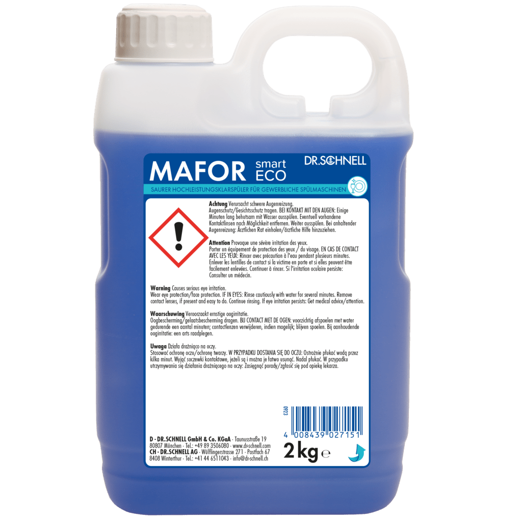 Ένα πλαστικό δοχείο 2 κιλών Dr. Schnell MAFOR smart ECO της DR.SCHNELL GmbH & Co. KGaA, με μπλε υγρό, μια λαβή, αυτοκόλλητο προειδοποίησης και σύμβολο κινδύνου στο μπροστινό μέρος.