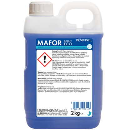 Ένα πλαστικό δοχείο 2 κιλών Dr. Schnell MAFOR smart ECO της DR.SCHNELL GmbH & Co. KGaA, με μπλε υγρό, μια λαβή, αυτοκόλλητο προειδοποίησης και σύμβολο κινδύνου στο μπροστινό μέρος.