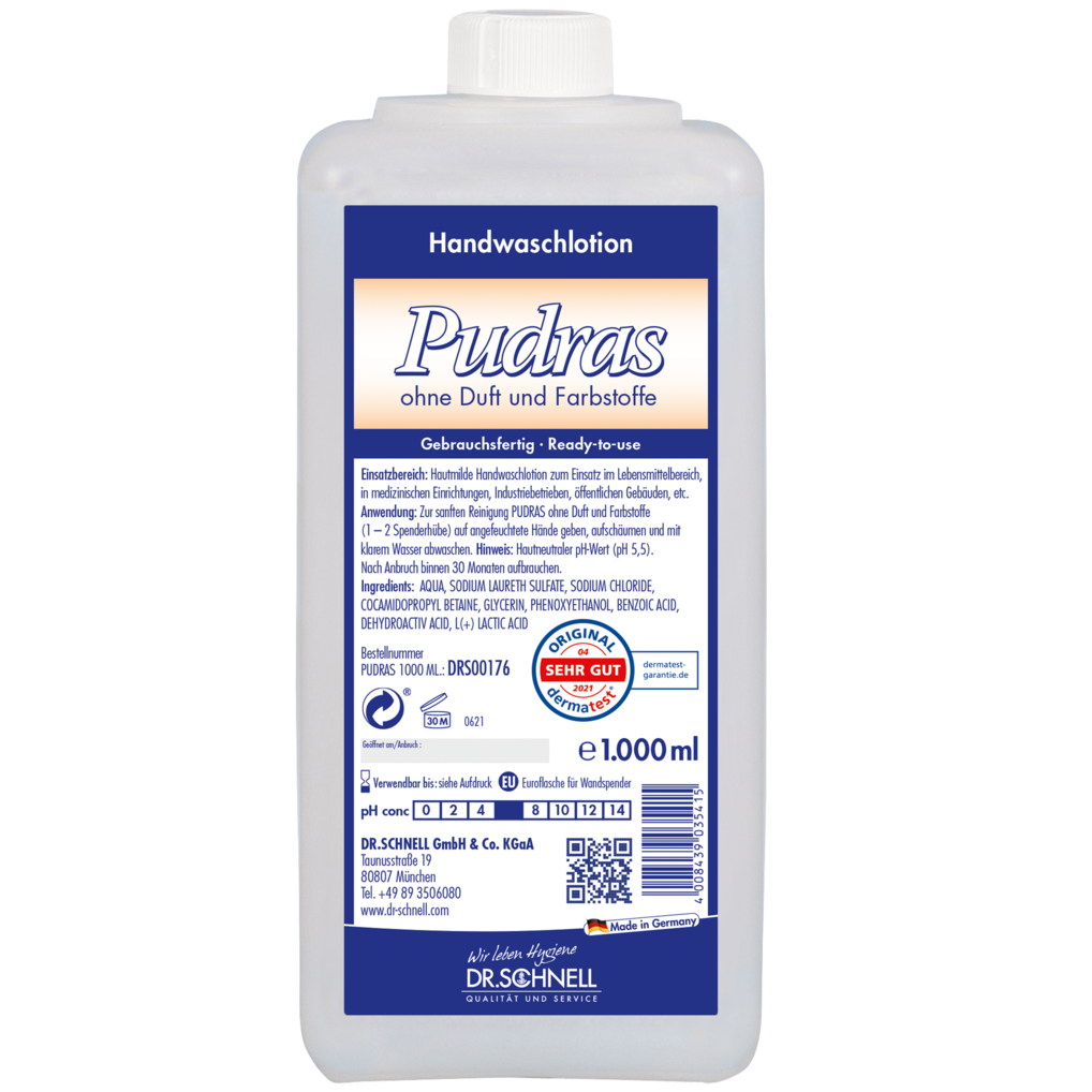 Eine 1.000 ml Plastikflasche Dr. Schnell PUDRAS ohne Duft und Farbstoffe Handwaschmittel von DR.SCHNELL GmbH & Co. KGaA, mit blau-weißem Etikett, Produktinformation, Gebrauchsanweisung, Zertifizierungen und hypoallergener Formel für empfindliche Haut.