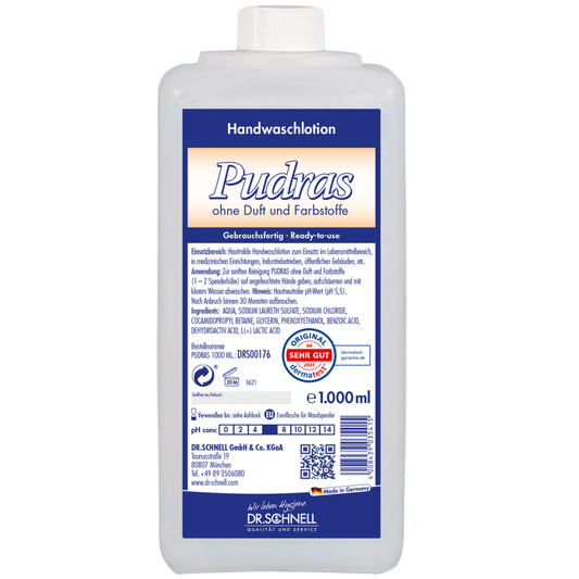 Eine 1.000 ml Plastikflasche Dr. Schnell PUDRAS ohne Duft und Farbstoffe Handwaschmittel von DR.SCHNELL GmbH & Co. KGaA, mit blau-weißem Etikett, Produktinformation, Gebrauchsanweisung, Zertifizierungen und hypoallergener Formel für empfindliche Haut.