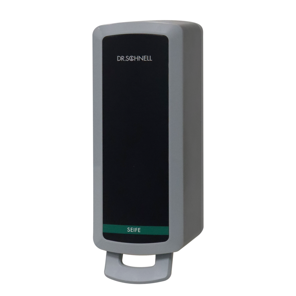 Der Dr. Schnell Spender V10N von DR.SCHNELL GmbH & Co. KGaA ist ein grau-schwarzer Wandseifenspender mit der Aufschrift "DR. SCHNELL" und "SEIFE", ideal für die hygienische Anwendung von Flüssigseife in Reinigungs- und Desinfektionsanlagen.
