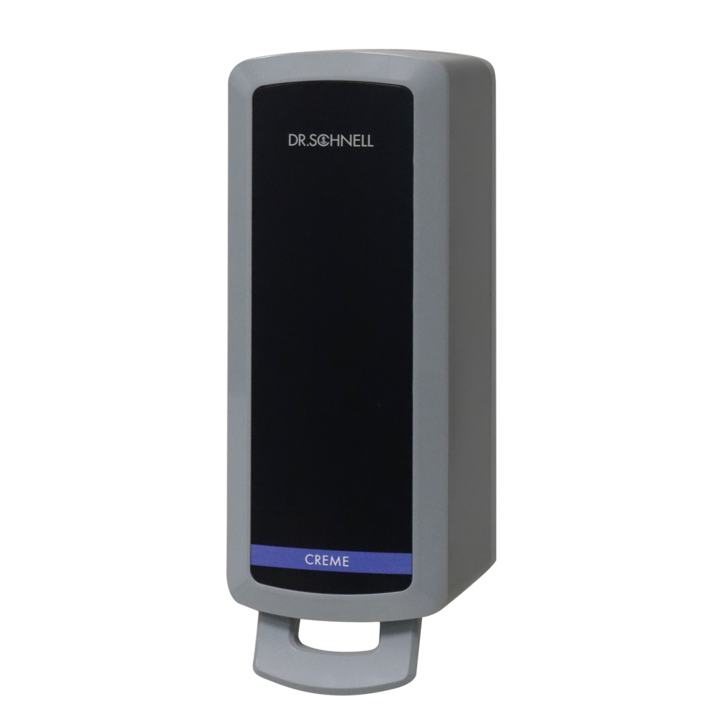 Der Dr. Schnell Spender V10N von DR.SCHNELL GmbH & Co. KGaA ist ein grauer, rechteckiger Wandspender mit schwarzer Front und blauem "Creme"-Streifen, ideal für die hygienische Anwendung von Reinigungs- und Desinfektionsmitteln.