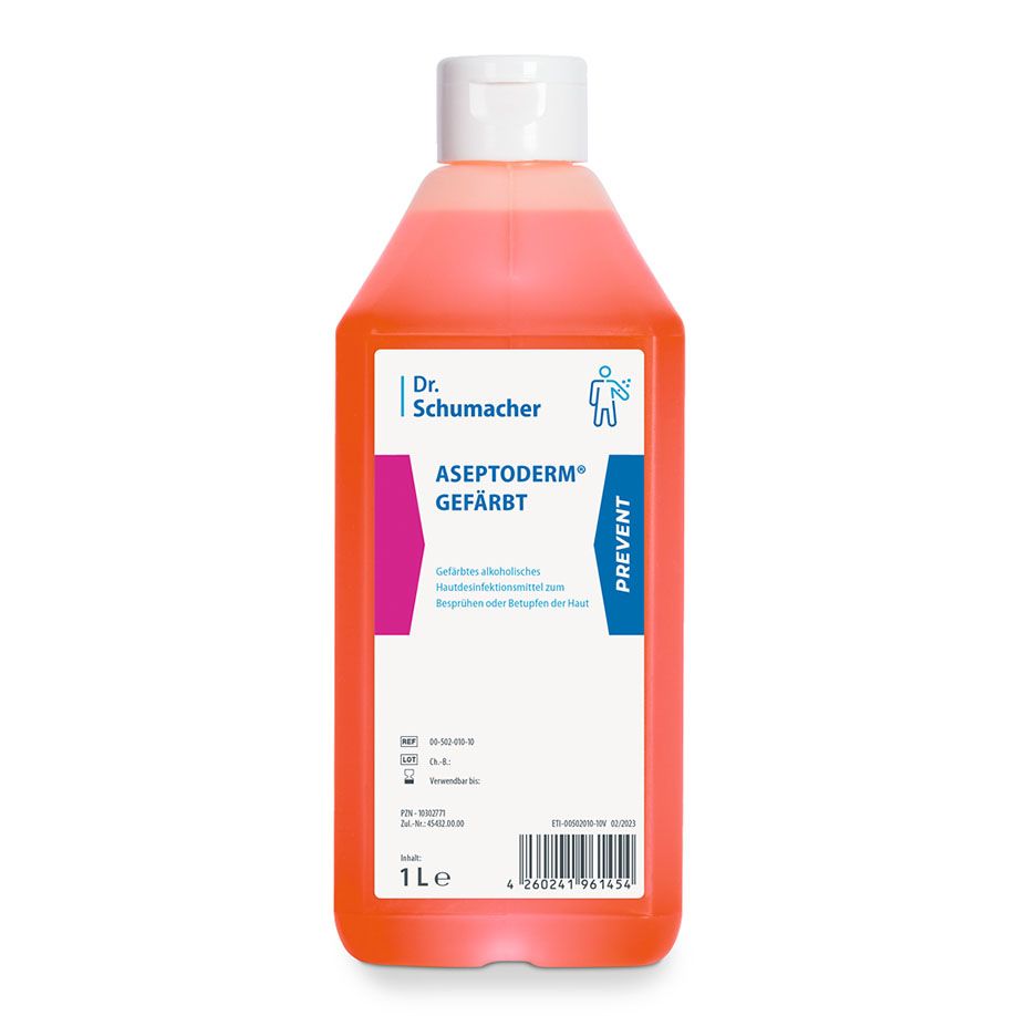 Ένα μπουκάλι 1 λίτρου Dr. Schumacher ASEPTODERM GEFÄRBT της Dr. Schumacher GmbH με ροζ υγρό, λευκό καπάκι και μπλε-ροζ ετικέτα στέκεται όρθιο μπροστά από ένα απλό λευκό φόντο.