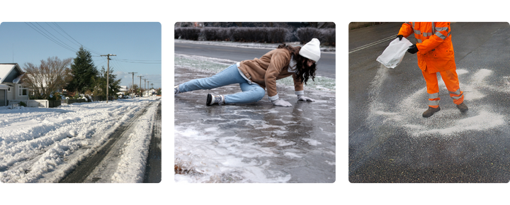 Drei Bilder: eine schneebedeckte Wohnstraße, eine Person in Winterkleidung, die auf dem Eis ausrutscht, und ein Arbeiter in orangefarbenem Overall, der Salz auf eine vereiste Straße streut.
