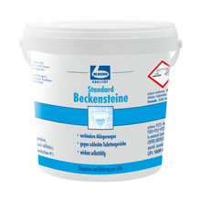 Ein weißer Kunststoffbehälter mit der Aufschrift "Auslaufartikel: Dr. Becher Beckensteine Standard - 30 Stück | Packung" der Dr. Becher GmbH, mit blauen Akzenten, deutschem Text, Gefahrensymbol und Sicherheitshinweisen; ideal für die Reinigung von Toiletten und Urinalen.
