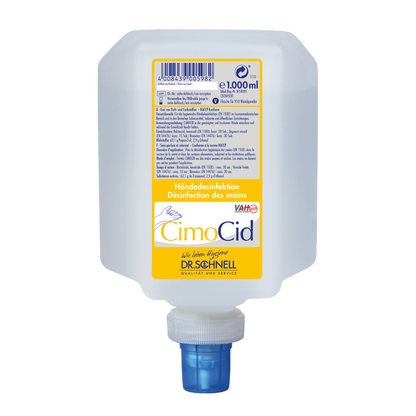 Ένα ορθογώνιο, ημιδιαφανές πλαστικό μπουκάλι της DR.SCHNELL GmbH & Co. KGaA με την επιγραφή «Dr. Schnell CIMOCID Αλκοολική Απολύμανση Χεριών» και ένα μπλε καπάκι στο κάτω μέρος περιέχει 1000 ml απολυμαντικού χεριών. Η ετικέτα περιλαμβάνει πολυγλωσσικές οδηγίες και πληροφορίες προϊόντος για υγιεινή απολύμανση.