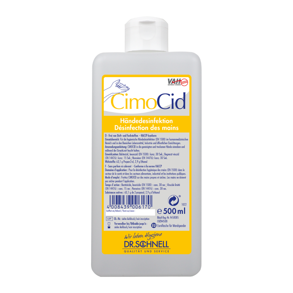 Ένα μπουκάλι 500 ml Dr. Schnell CIMOCID Αλκοολική Απολύμανση Χεριών είναι εξοπλισμένο με κίτρινη ετικέτα με κείμενο στα Γερμανικά και Γαλλικά, που περιλαμβάνει οδηγίες για υγιεινή απολύμανση χεριών. Το μπουκάλι διαθέτει λευκό καπάκι και έχει στην κάτω αριστερή γωνία έναν γραμμωτό κώδικα για εύκολη πρόσβαση σε λεπτομέρειες προϊόντος, κατασκευασμένο από την DR.SCHNELL GmbH & Co. KGaA.
