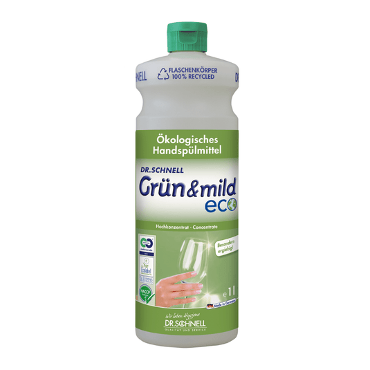 Dr. Schnell Το οικολογικό υγρό πλυσίματος πιάτων GRÜN & MILD ECO, που διαρκεί πολύ, διατίθεται σε λευκό-πράσινη πλαστική φιάλη. Η ετικέτα απεικονίζει ένα χέρι που πλένει ένα ποτήρι κρασιού και φέρει κείμενο στα γερμανικά, το οποίο τονίζει τα οικολογικά πλεονεκτήματα και τις φιλικές προς το δέρμα ιδιότητές του. Η φιάλη, κατασκευασμένη από την DR.SCHNELL GmbH & Co. KGaA, διαθέτει πράσινο πώμα με πιστοποίηση HACCP.