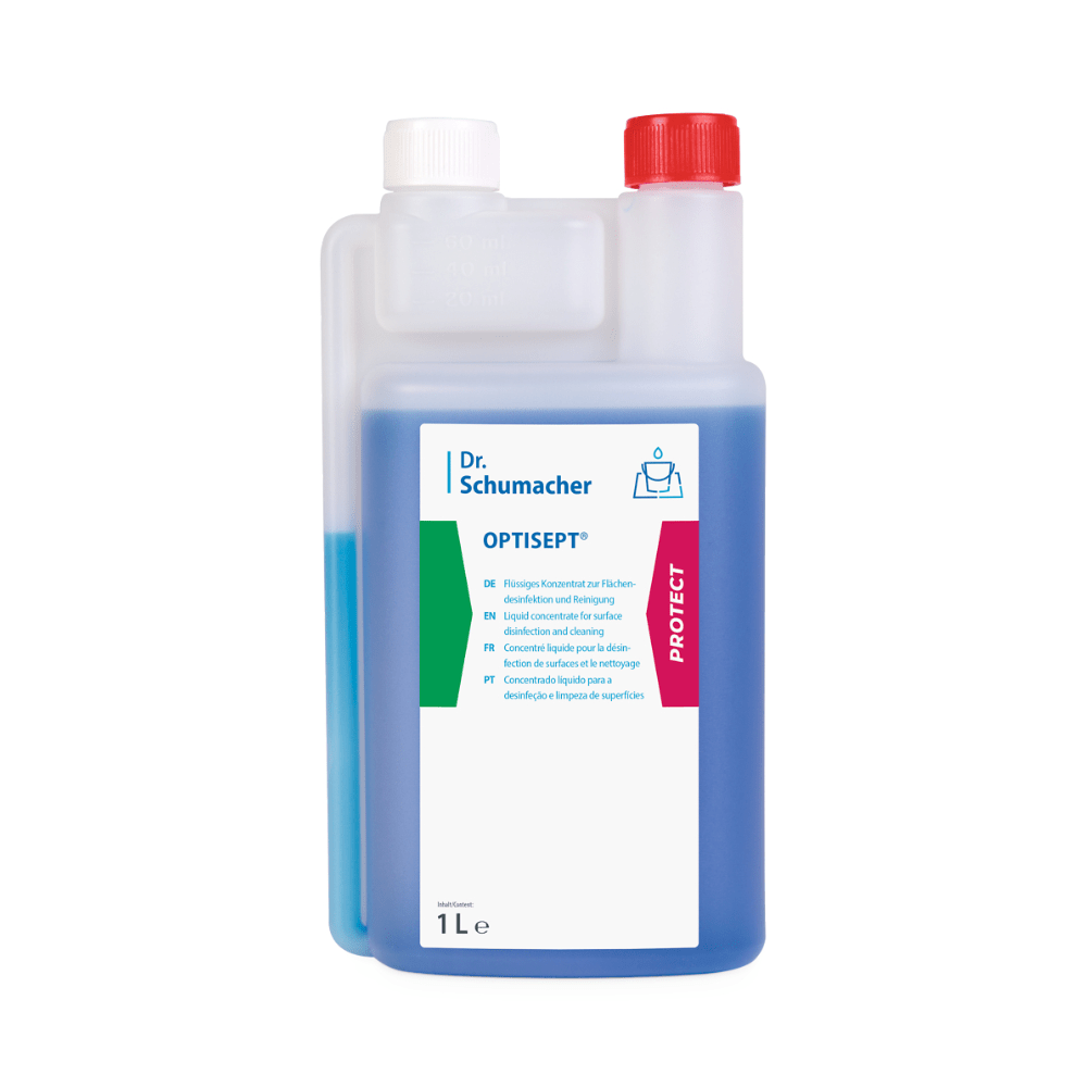 Ένα μπουκάλι 1 λίτρου Dr. Schumacher GmbH OPTISEPT® Συμπυκνωμένο καθαριστικό απολύμανσης με θάλαμο μέτρησης, μπλε υγρό, κόκκινο-λευκό καπάκι και λευκή, πολυγλωσσική ετικέτα.
