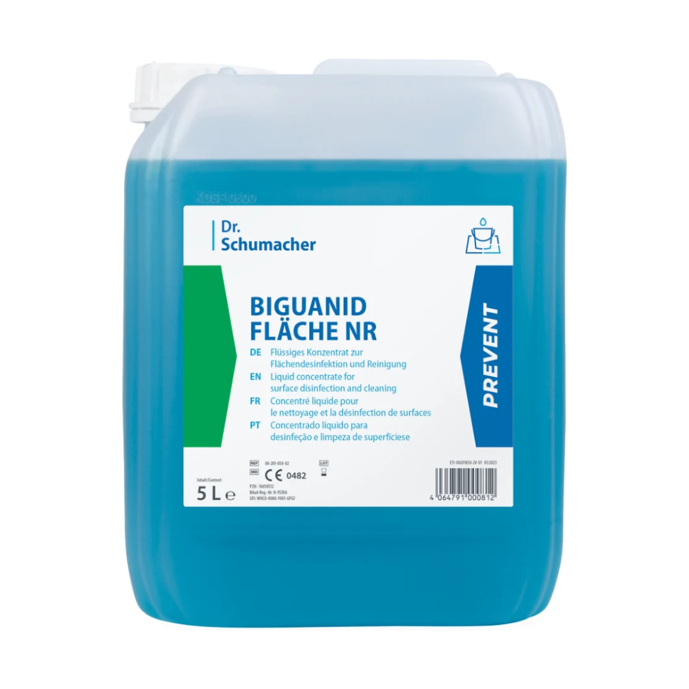 Ένα 5L Dr. Schumacher Biguanid Fläche NR Flächendesinfektion Flüssigkonzentrat της Dr. Schumacher GmbH με μια ημιδιαφανή μπλε φόρμουλα για αποτελεσματική απολύμανση και καθαρισμό, με πολυγλωσσικές λεπτομέρειες προϊόντος στην ετικέτα.