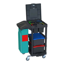 Το Arcora Ecoblack 140 από την Arcora International GmbH είναι ένα μαύρο και μπλε-πράσινο καρότσι (740 x 600 x 1100 mm) με δοχεία, δίσκους, ένα πλευρικό δοχείο απορριμμάτων και ανοιχτή, διαιρεμένη οροφή - ιδανικό για καθαριστικά ή οικολογικό χαρτόνι.