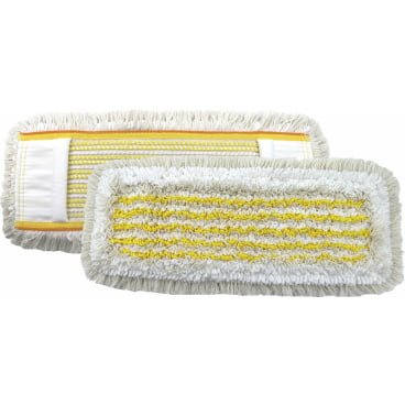 Δύο ορθογώνια Arcora HOSPITAL HYGIENE MOPP GELB σφουγγαρίστρες της Arcora International GmbH με λευκά κρόσσια και κίτρινο-πράσινες ριγέ κεντρικές περιοχές, ιδανικές για τον καθαρισμό νοσοκομείων, απεικονίζονται μπροστά και πίσω.