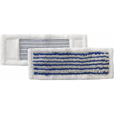 Δύο ορθογώνια Arcora HOSPITAL HYGIENE PLUS MOPP 40 cm ένθετα της Arcora International GmbH: το ένα έχει μια μπλε-γκρι ριγέ επιφάνεια μικροϊνών με λευκό περίγραμμα, το άλλο δείχνει στην πίσω πλευρά τη μονόχρωμη γκρι δομή πλέγματος.