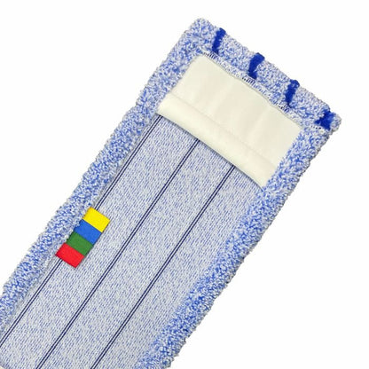Μια κοντινή λήψη της Arcora RUNNER BLUE - FC OHNE DECKBLATT μικροϊνών σφουγγαρίστρας από την Arcora International GmbH δείχνει ένα μπλε περίγραμμα και τέσσερις μικρές χρωματιστές ετικέτες - κίτρινη, κόκκινη, πράσινη, μπλε - σε ένα λευκό τμήμα, ιδανικό για τον καθαρισμό ανθεκτικών δαπέδων.