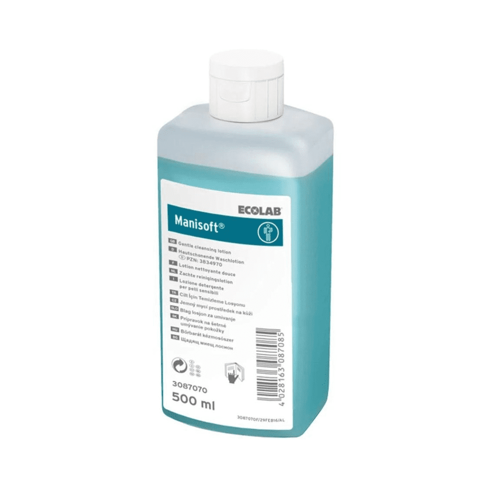 Ένα 500 ml Ecolab Manisoft® λοσιόν πλυσίματος (προϊόν εκτός κυκλοφορίας) σε πλαστικό μπουκάλι με λευκό καπάκι flip-top· ανοιχτό μπλε, φιλικό προς το δέρμα, κατάλληλο για υγιεινή απολύμανση χεριών. Η ετικέτα δείχνει το όνομα του προϊόντος, οδηγίες χρήσης και το γραμμωτό κώδικα.