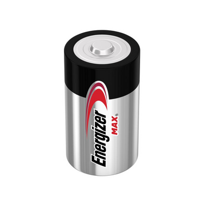 Μια κυλινδρική μπαταρία Energizer Max Alkaline D-Mono-LR20 | Συσκευασία (2 τεμάχια) από την Energizer Deutschland GmbH απεικονίζεται μπροστά σε λευκό φόντο. Η μπαταρία έχει ασημί περίβλημα, μαύρη κορυφή και κόκκινο κυματιστό σχέδιο κοντά στην κορυφή. Η επωνυμία «Energizer» και η λέξη «Max» είναι τυπωμένες στην πλευρά.