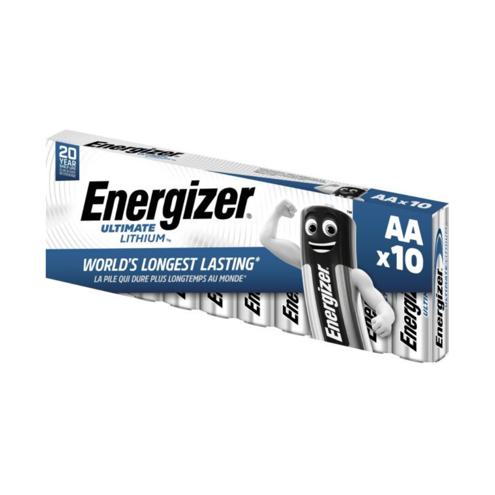 Μια συσκευασία μπαταριών Energizer Ultimate Lithium Mignon FR6 L91 AA από την Energizer Deutschland GmbH, ιδανική για εφαρμογές υψηλής τεχνολογίας. Στη συσκευασία αναφέρεται ότι αυτές είναι οι πιο ανθεκτικές μπαταρίες στον κόσμο και περιέχονται 10 μπαταρίες AA. Στο κουτί απεικονίζεται μια φιγούρα με τη μορφή μπαταρίας που τεντώνει το χέρι της, με κείμενο στα Αγγλικά και Γαλλικά.