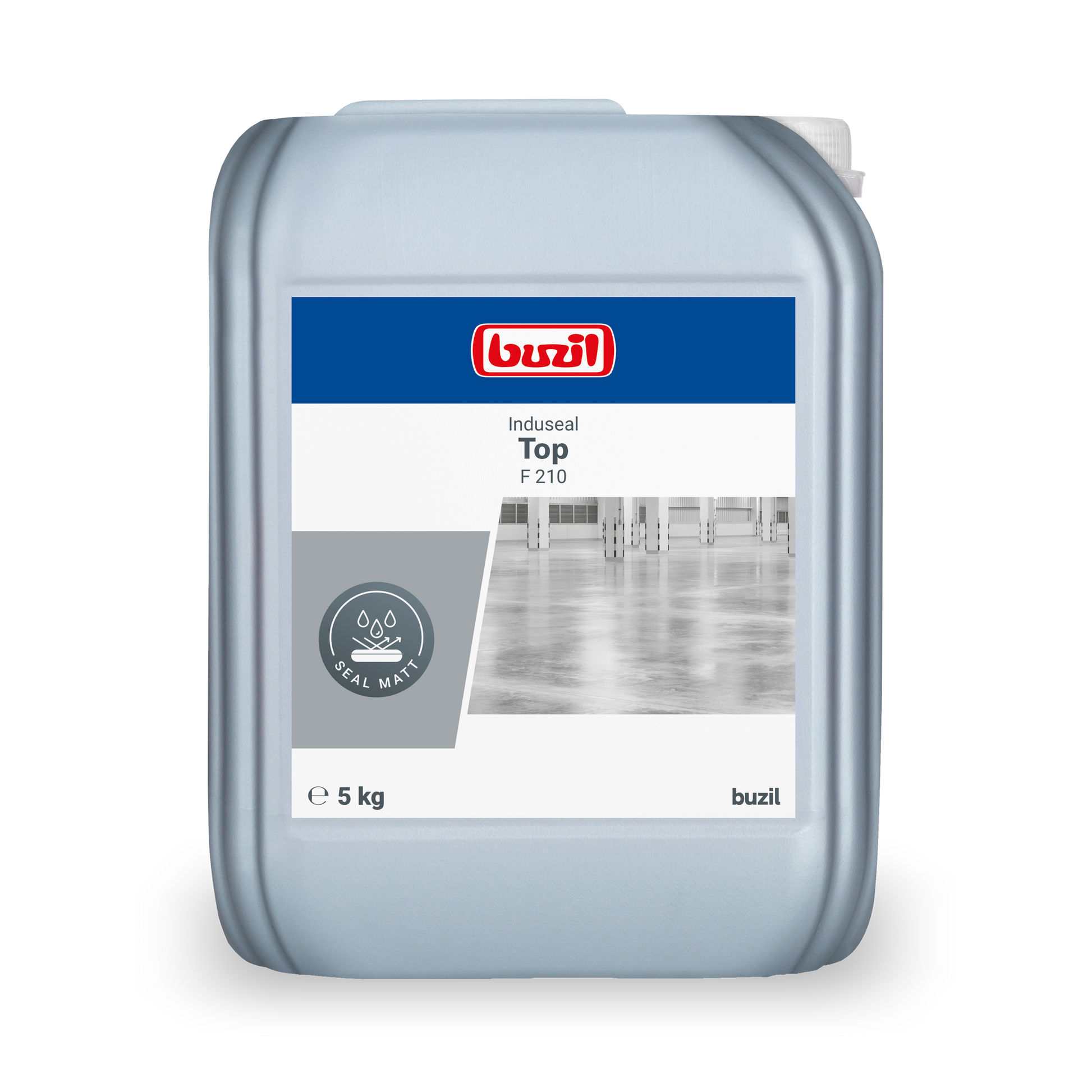 A 5 kg Kanister Induseal Top Versiegelung farblos-hellgelb von BUZIL-WERK Wagner GmbH & Co. KG mit blau-grauem Etikett - ideal als langlebige Versiegelungslösung.