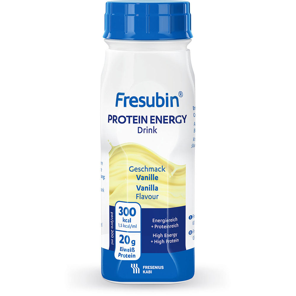 Eine 200 ml Flasche Fresubin Protein Energy Drink von Fresenius Kabi Deutschland GmbH in der Geschmacksrichtung Vanille, mit 300 kcal und 20g Eiweiß pro Portion, mit der Kennzeichnung High Energy/Protein. Die weiße Flasche ist mit blauen Akzenten versehen.