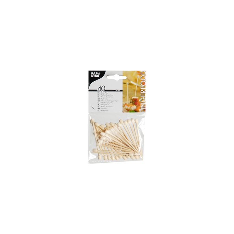 Ein Set mit 40 PAPSTAR Fingerfoodspießen, jeweils 7 cm groß und mit verschiedenen Motiven, präsentiert die PAPSTAR GmbH liebevoll in einem transparenten Plastikbeutel mit Kartonetikett. Die Spieße sind kunstvoll aufgefächert, das Etikett ist mit Text und dekorativen Fingerfood-Motiven verziert.