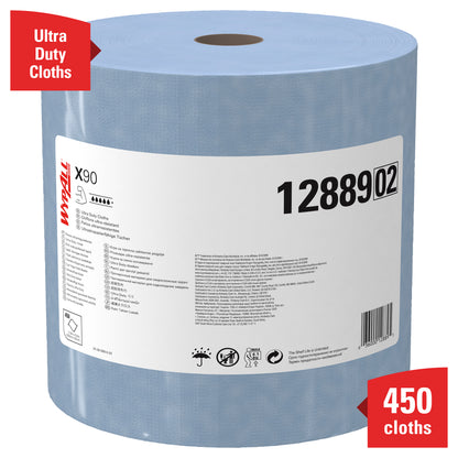 Ένα μεγάλο μπλε ρολό WypAll® X90 PowerClean της Kimberly-Clark GmbH (1 ρολό x 450 φύλλα, προϊόν 1288902) έχει μια λευκή ετικέτα, εικονίδια και κόκκινα πανό με τις ενδείξεις "Ultra Duty Cloths" και "450 πανιά".