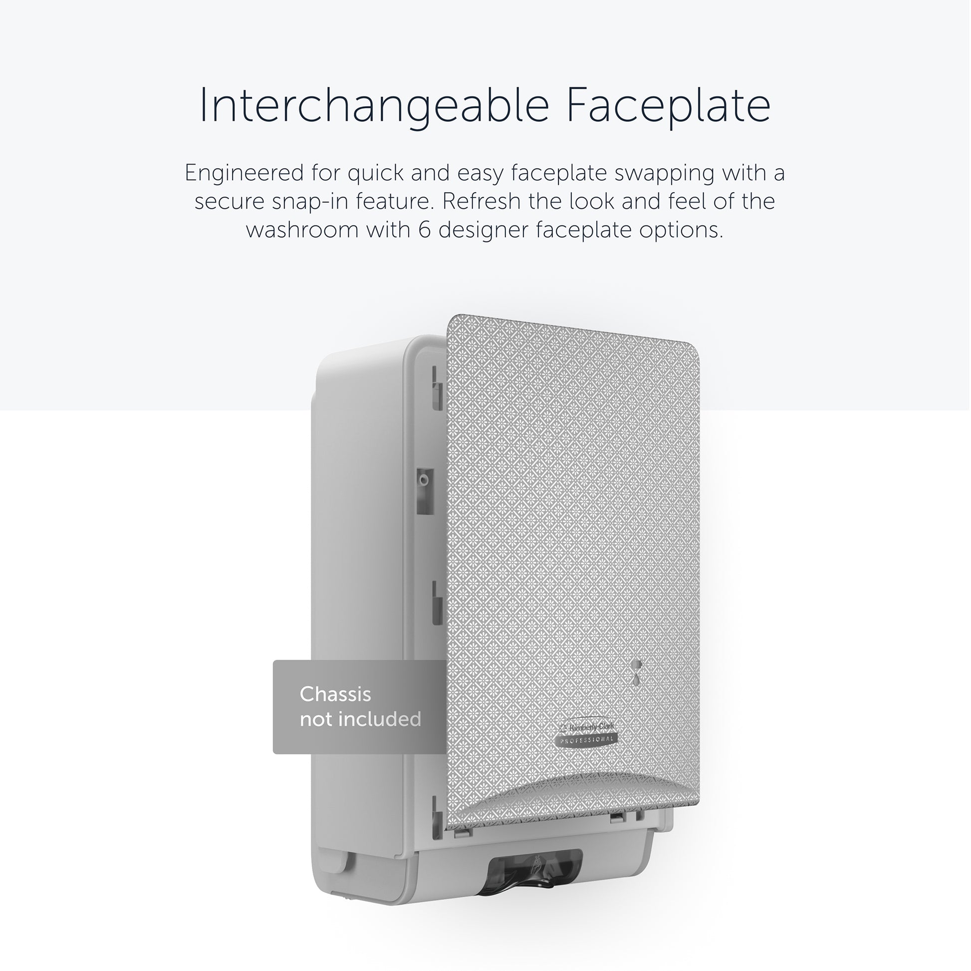 Die Kimberly-Clark Professional™ Icon™ Dispenser Faceplate - eSkinCare (20,32 x 27,30 x 3,81 cm) von Kimberly-Clark GmbH wird an der Wand montiert gezeigt; Etikettenhinweise sind nicht im Lieferumfang enthalten. Einfach austauschbare Frontplatte - ein wichtiges Waschraumzubehör.