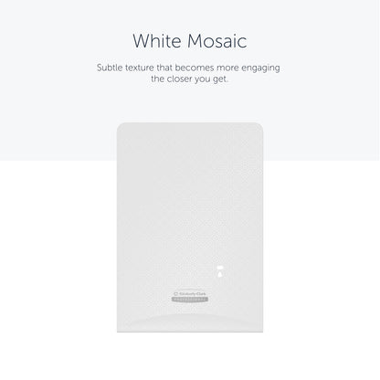 Die rechteckige weiße Kimberly-Clark Professional™ Icon™ Dispenser Faceplate - eSkinCare (20,32x27,30x3,81 cm) der Kimberly-Clark GmbH zeichnet sich durch eine dezente Mosaikstruktur und ein Branding aus, das perfekt in jeden Waschraum passt.