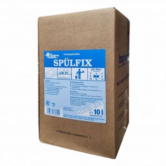 Ένα καφέ κουτί με την επιγραφή "GastroPower Spülfix Öko-Box, 10 l" της Abena Re-Seller GmbH με μπλε-λευκές οδηγίες, σύμβολα κινδύνου και μια ένδειξη 10 λίτρων· αυτό το βιοδιασπώμενο απορρυπαντικό πιάτων είναι φιλικό προς το περιβάλλον.