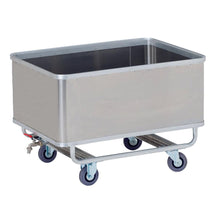 Der Novocal Transportcontainer ist ein rechteckiger Aluminium, wasserdichter Wagen mit vier blauen Lenkrollen und einem Ablassventil, ideal für die industrielle oder kommerzielle sichere Handhabung von Flüssigkeiten. Packung: 1 Stück. Marke: Novocal.