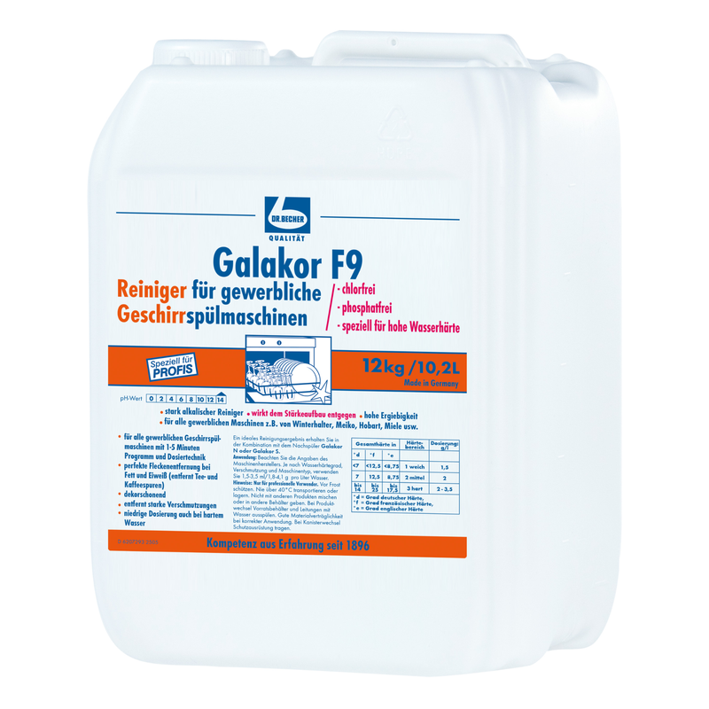 Ένα λευκό πλαστικό δοχείο 12 κιλών της Dr. Becher GmbH με την επιγραφή "Dr. Becher Galakor F9 Καθαριστικό Πιάτων", στην μπροστινή πλευρά του οποίου είναι εκτυπωμένες πληροφορίες προϊόντος και οδηγίες στα γερμανικά για επαγγελματικά πλυντήρια πιάτων.