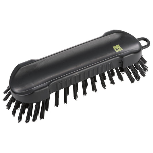 Die Haug Bürsten KG ESD SCHEUERBÜRSTE RUND, NYL.6.0 SCHWARZ (185x45x26mm) ist eine schwarze, leitfähige Kunststoffbürste mit steifen Borsten auf beiden Seiten und einem Aufhängehaken, ideal für die Reinigung empfindlicher Oberflächen, abgebildet auf weißem Hintergrund.