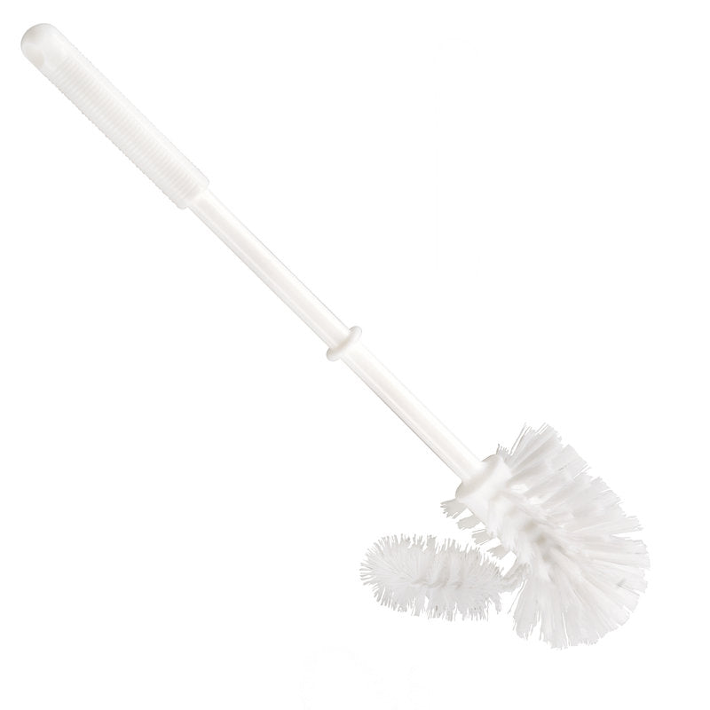 Η Haug Bürsten KG WC-RANDREINIGERBÜRSTE,KLEIN έχει άκαμπτες τρίχες 0,35mm, μια λοξή κεφαλή και ένα μακρύ λευκό PP-στέλεχος (365xø75mm), που απεικονίζεται απομονωμένο σε λευκό φόντο.