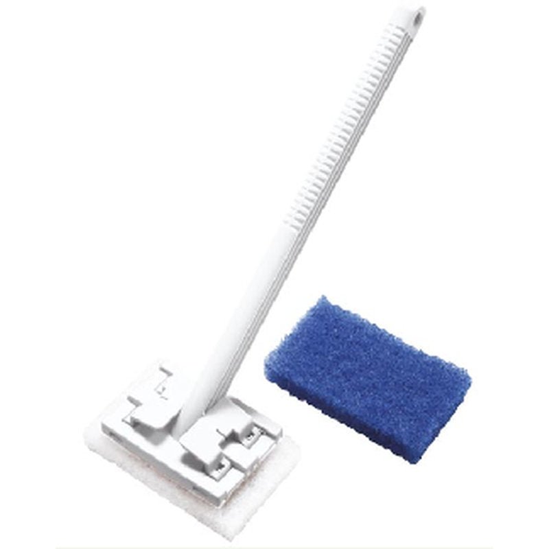 Ο ΚΑΘΑΡΙΣΤΗΣ ΓΚΡΙΛ ΜΕ ΜΑΚΡΥ ΧΕΡΟΥΛΙ PA GF,425X155X65MM,2PADS από την Haug Bürsten KG διαθέτει ένα λευκό, μακρύ σώμα με ένα ορθογώνιο καθαριστικό pad δίπλα σε ένα μπλε σφουγγάρι για αποτελεσματικό καθαρισμό γκριλ σε λευκό φόντο.