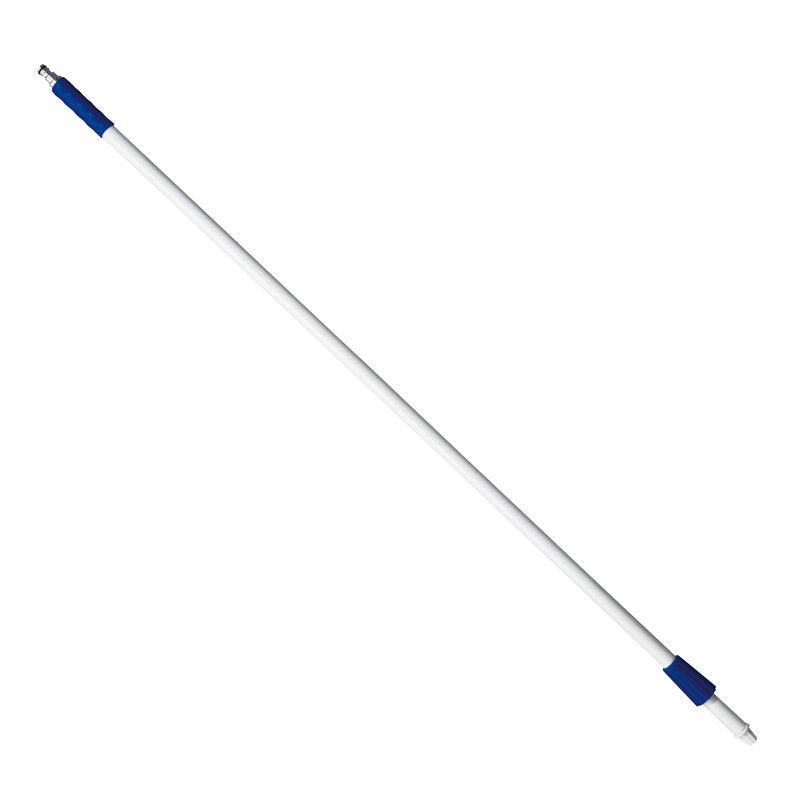 Der Haug Bürsten KG FIBERGLASSTIEL,SCHLAUCHANSCHL. 1450MM,F.GARDENA SCHLAUCHANSCH ist ein weißer Fiberglasstiel mit blauen Griffen und Metallspitzen, mit einer Länge von 1450 mm, auf weißem Hintergrund.