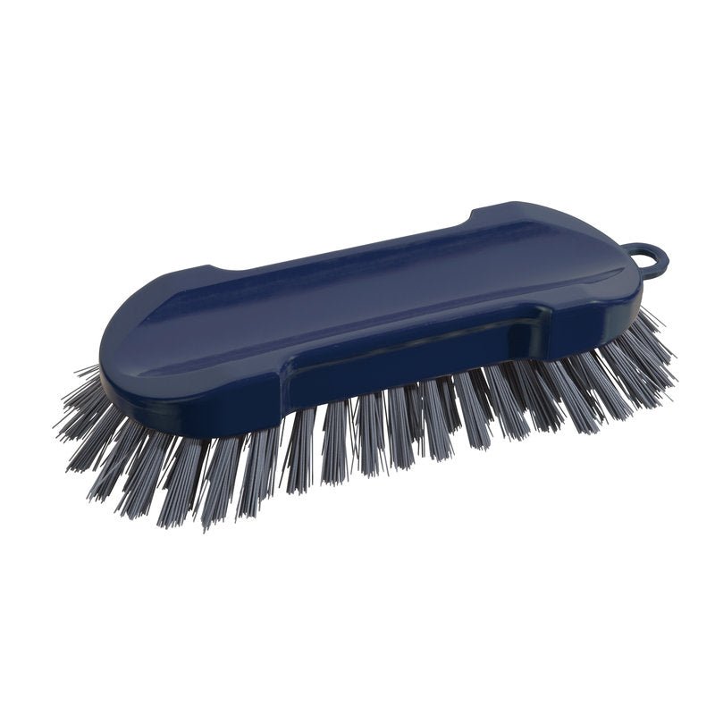 ΜΙΑ ΣΤΡΟΓΓΥΛΗ ΠΡΩΤΟΚΛΑΣΣΗ ΒΟΥΡΤΣΑ ΠΛΥΣΙΜΑΤΟΣ METDEC από Haug Bürsten KG από σκληρές, πυκνά συσκευασμένες τρίχες PBT σε γκρι και μπλε με πλαστική λαβή (205x65x30mm) έχει φωτογραφηθεί σε λευκό φόντο.