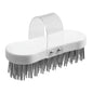 Η Haug Bürsten KG Hackstockbürste, Flachdraht Stärke 3,3x0,6mm Hart185x75x37, μια λευκή οβάλ βούρτσα τρίψιμο με διαφανή λαβή και σκληρές μεταλλικές τρίχες για την επεξεργασία ξύλου, παρουσιάζεται μπροστά από ένα απλό φόντο.